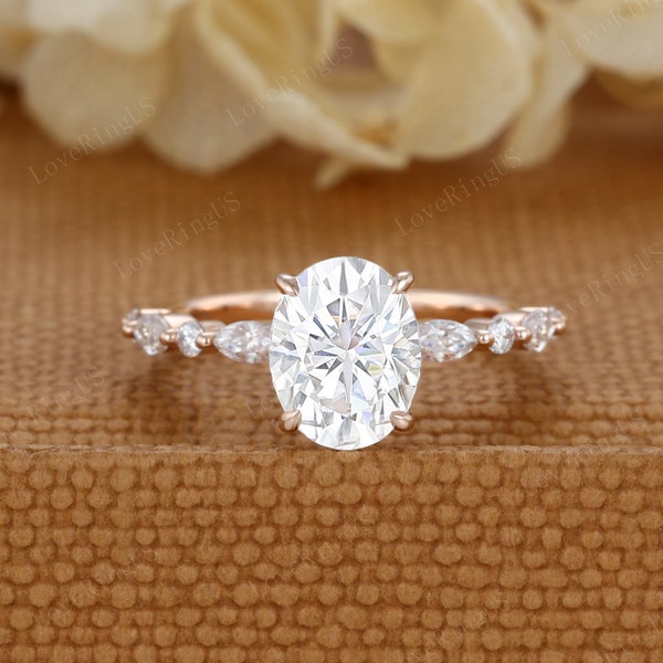 2CT Oval Moissanite engagement Ring Unique Rose gold cluster engagement ring vintage marquise wedding ring Bridal  Anniversary gift for her