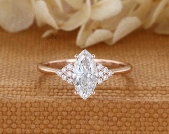 Marquise cut Lab Grown Diamond engagement ring women Unique Rose gold ring Vintage Half Eternity wedding ring Bridal promise Anniversary