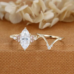Marquise cut Moissanite engagement Ring Set Vintage Yellow gold engagement ring unique diamond wedding ring Bridal set Promise Anniversary