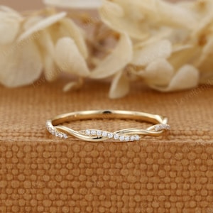 Twist ring Moissanite wedding band Vintage diamond wedding band Unique Yellow gold wedding ring stacking matching promise Anniversary gift