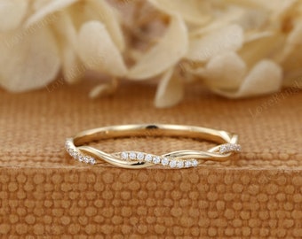 Twist ring Moissanite wedding band Vintage diamond wedding band Unique Yellow gold wedding ring stacking matching promise Anniversary gift