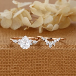 Vintage Pear Cut Moissanite engagement ring set  Unique  Rose gold Moissanite engagement ring marquise art deco ring Bridal set Anniversary