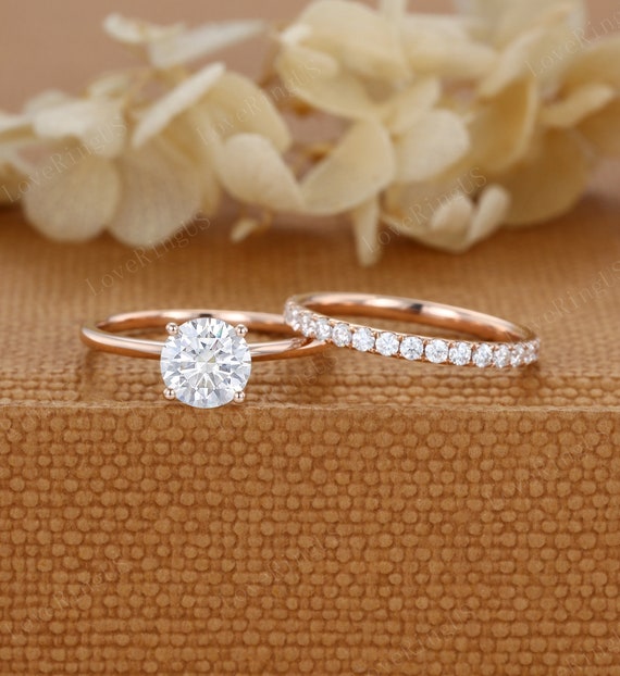 1CT Round Moissanite Engagement Ring set Rose Gold Unique Bridal Set Colorless Moissanite Ring Stacking Ring set Anniversary gift for women
