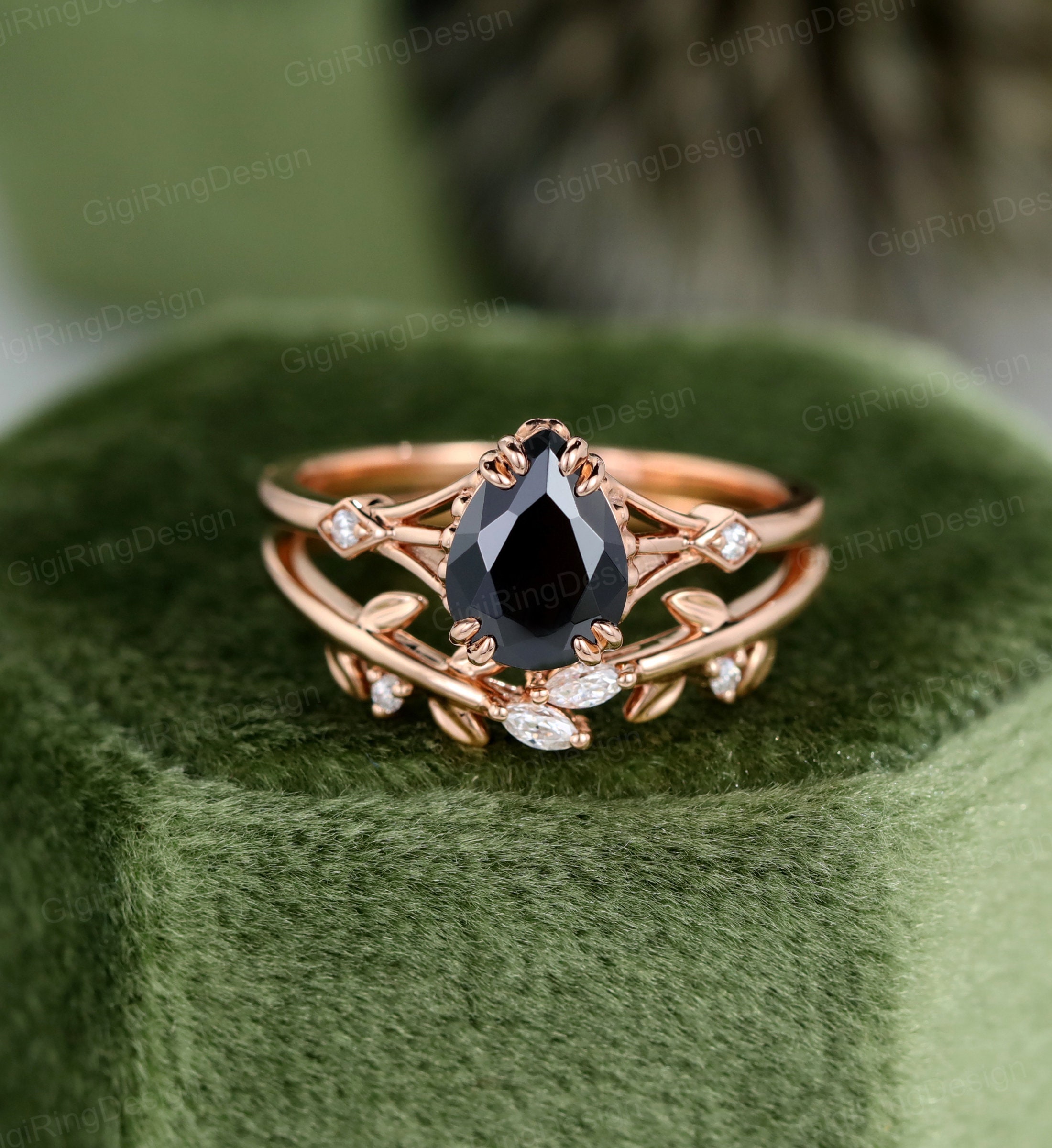 Pear Shaped Black Onyx Engagement Ring Set Unique Rose Gold - Etsy