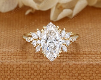 Marquise Lab grown diamond engagement Ring Unique Solid Yellow gold engagement ring vintage marquise cluster ring wedding Bridal Anniversary