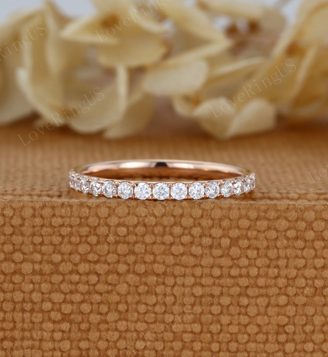 Round Moissanite Wedding Band 14K Solid Gold Unique Half Eternity Ring ...
