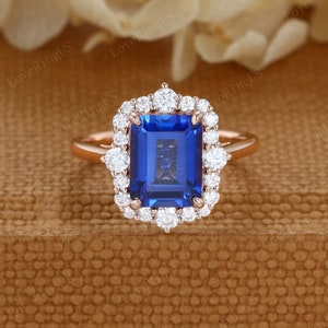 Anello di fidanzamento con zaffiro da laboratorio taglio smeraldo 3CT, anello unico in oro rosa con moissanite, fede nuziale vintage, promessa nuziale, regalo di anniversario per donna