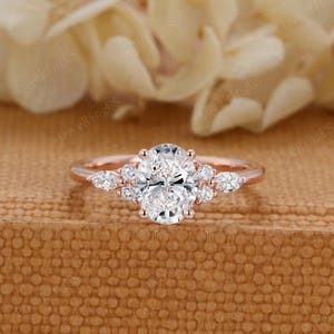 6*8mm Oval Lab Grown diamond engagement ring unique 14K rose gold ring women vintage Marquise diamond wedding Bridal art deco Anniversary