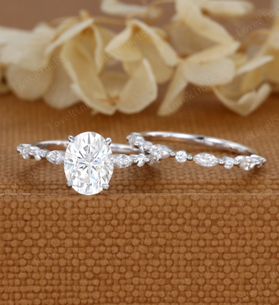 2ct Oval Moissanite Engagement Ring Set Unique White Gold Cluster ...