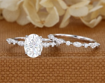 2ct Oval Moissanite engagement Ring Set Unique White gold cluster engagement ring vintage marquise wedding ring Bridal set Anniversary gift