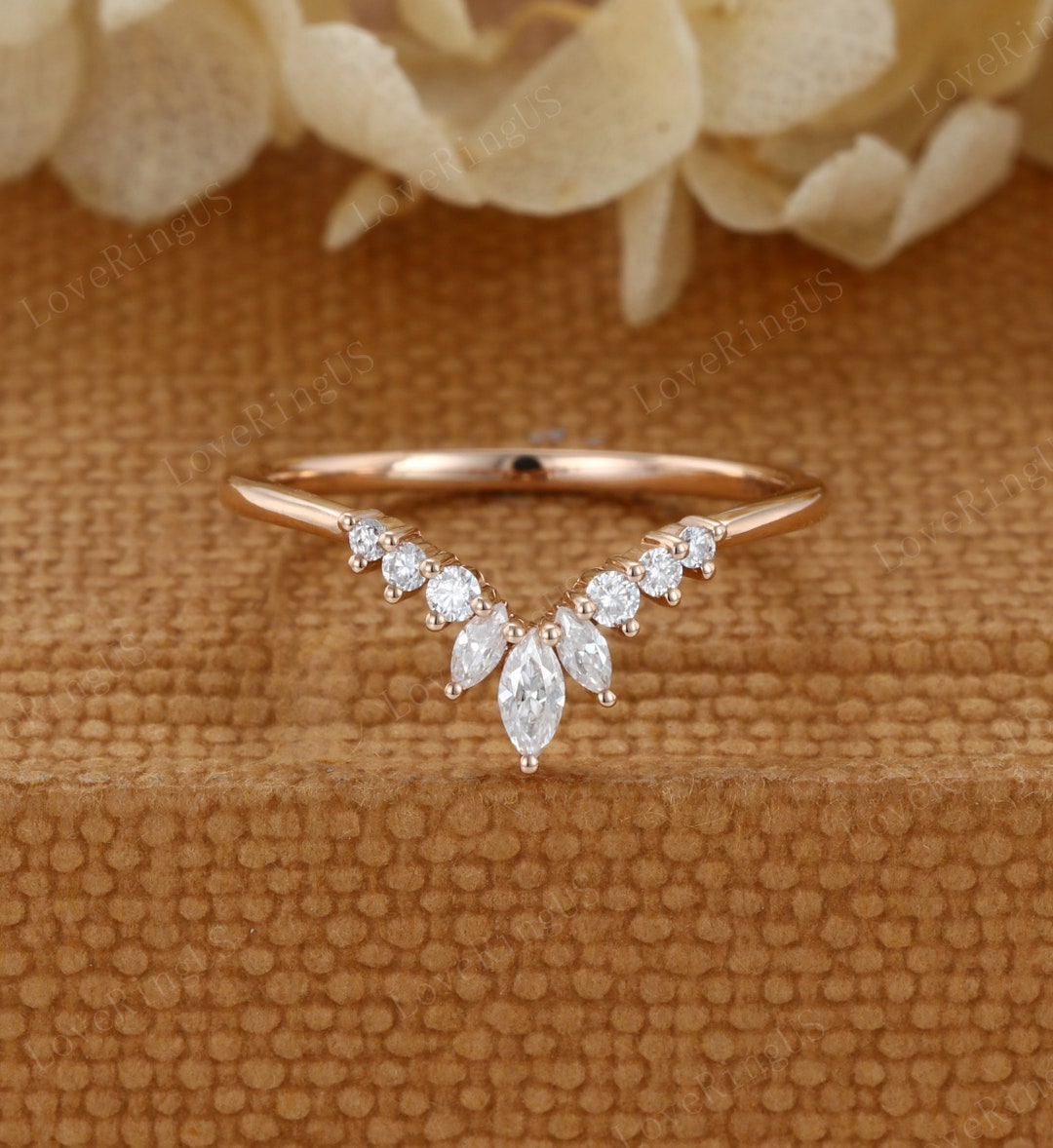 Unique Marquise Cut Moissanite Engagement Vintage Rose Gold Ring Curved ...