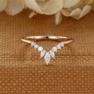 Unique Marquise cut Moissanite engagement vintage Rose gold ring Curved wedding band women  wedding band  Matching Bridal Promise gift