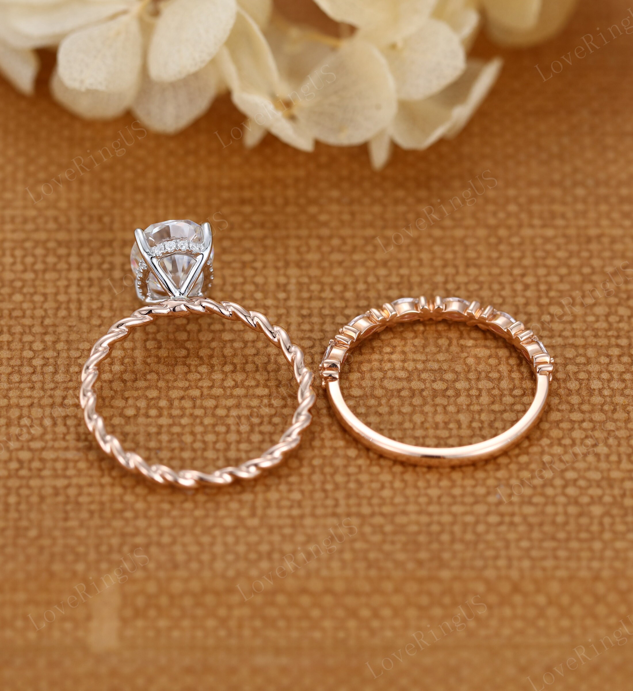 Oval Moissanite Engagement Ring Set Two Tone 14K Gold Twist Engagement ...