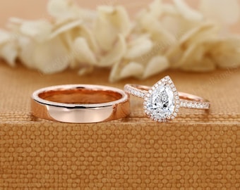 Pear IGI Certified Lab Grown Diamond Engagement Ring Set, Vintage Bridal Set with Straight Wedding Band, Wedding Ring Set for Her