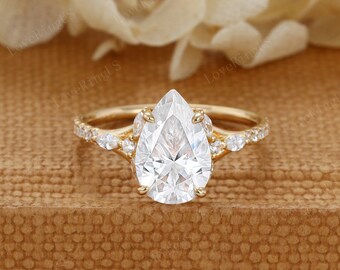 Pear cut Moissanite engagement ring Unique solid yellow gold engagement ring women vintage cluster ring Bridal promise ring Anniversary ring