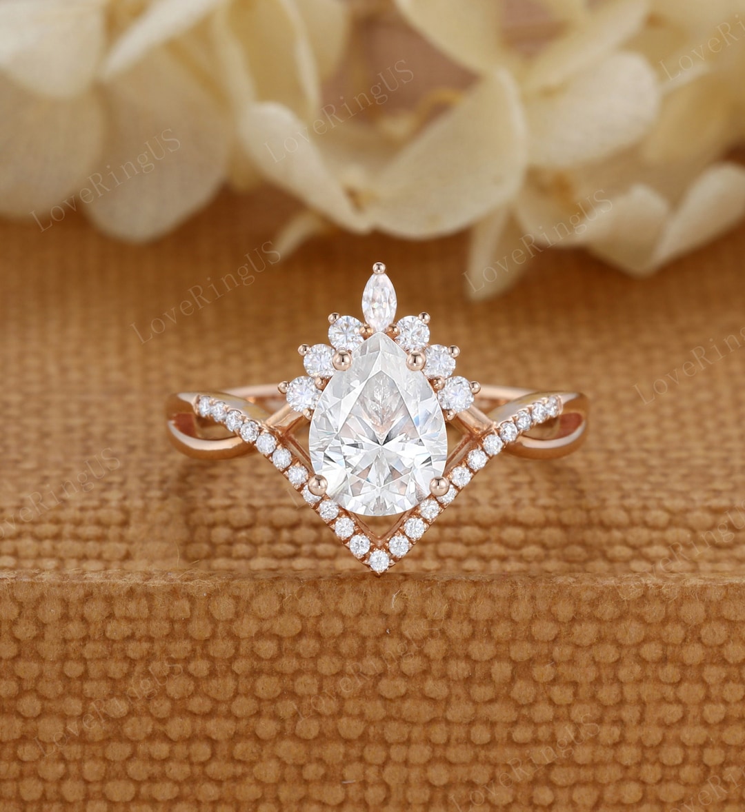 Unique Pear Shaped Engagement Ring Vintage Rose Gold Moissanite Ring ...