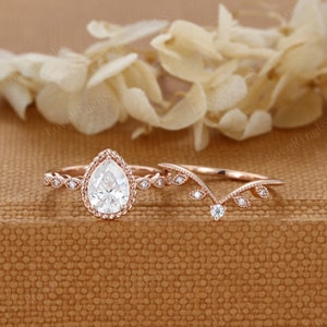 Rose gold engagement ring Bezel set Moissanite engagement Ring set Unique diamond curved wedding ring Bridal set Promise Anniversary gift