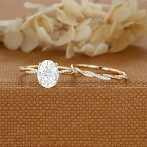 2ct Oval Moissanite engagement ring set unique diamond engagement ring twist Yellow gold wedding Bridal set Promise Anniversary gift for her