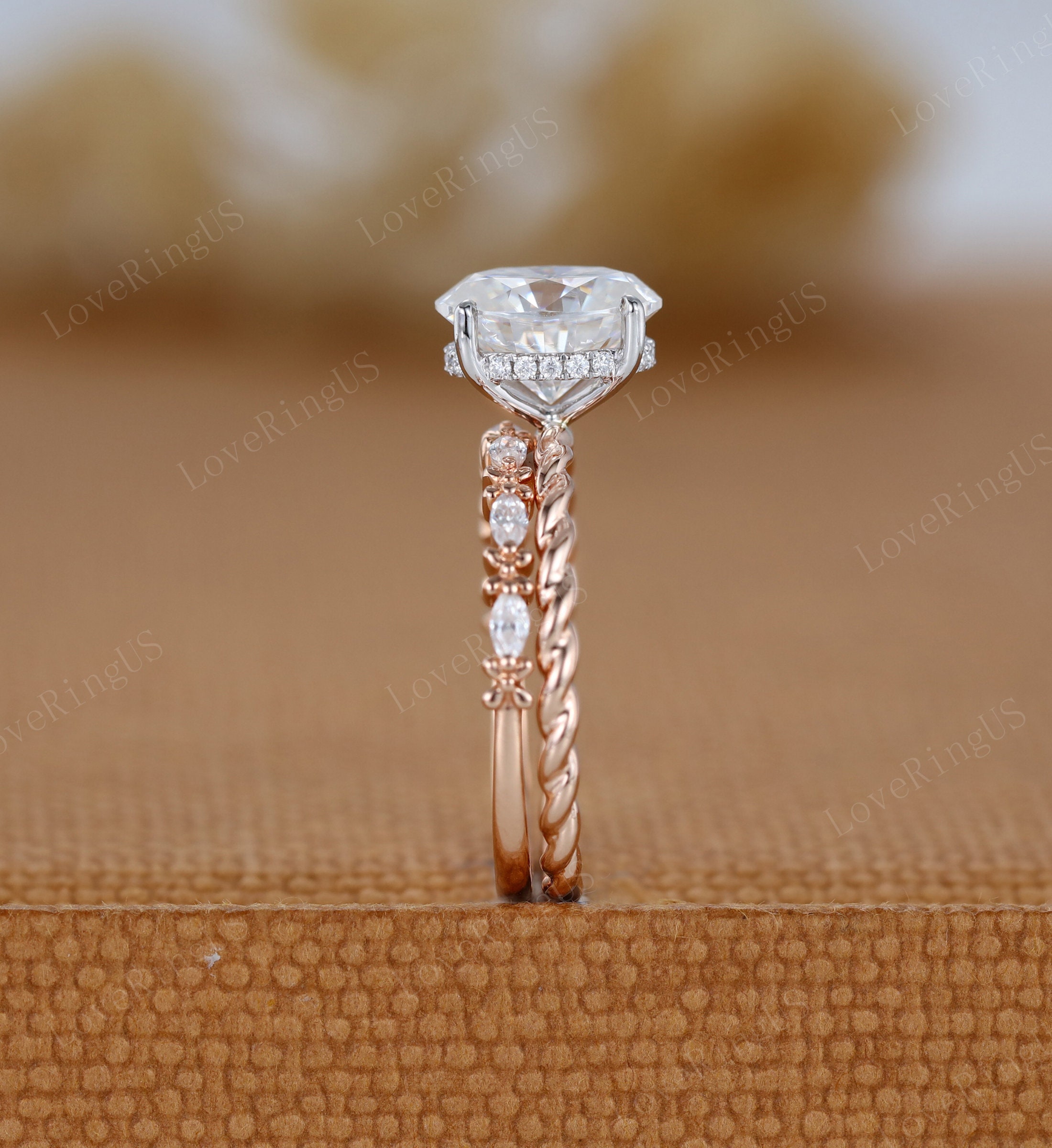 Oval Moissanite Engagement Ring Set Two Tone 14K Gold Twist Engagement ...