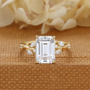 Emerald Moissanite engagement ring Unique Yellow gold engagement ring women vintage marquise cluster ring Bridal promise Anniversary ring