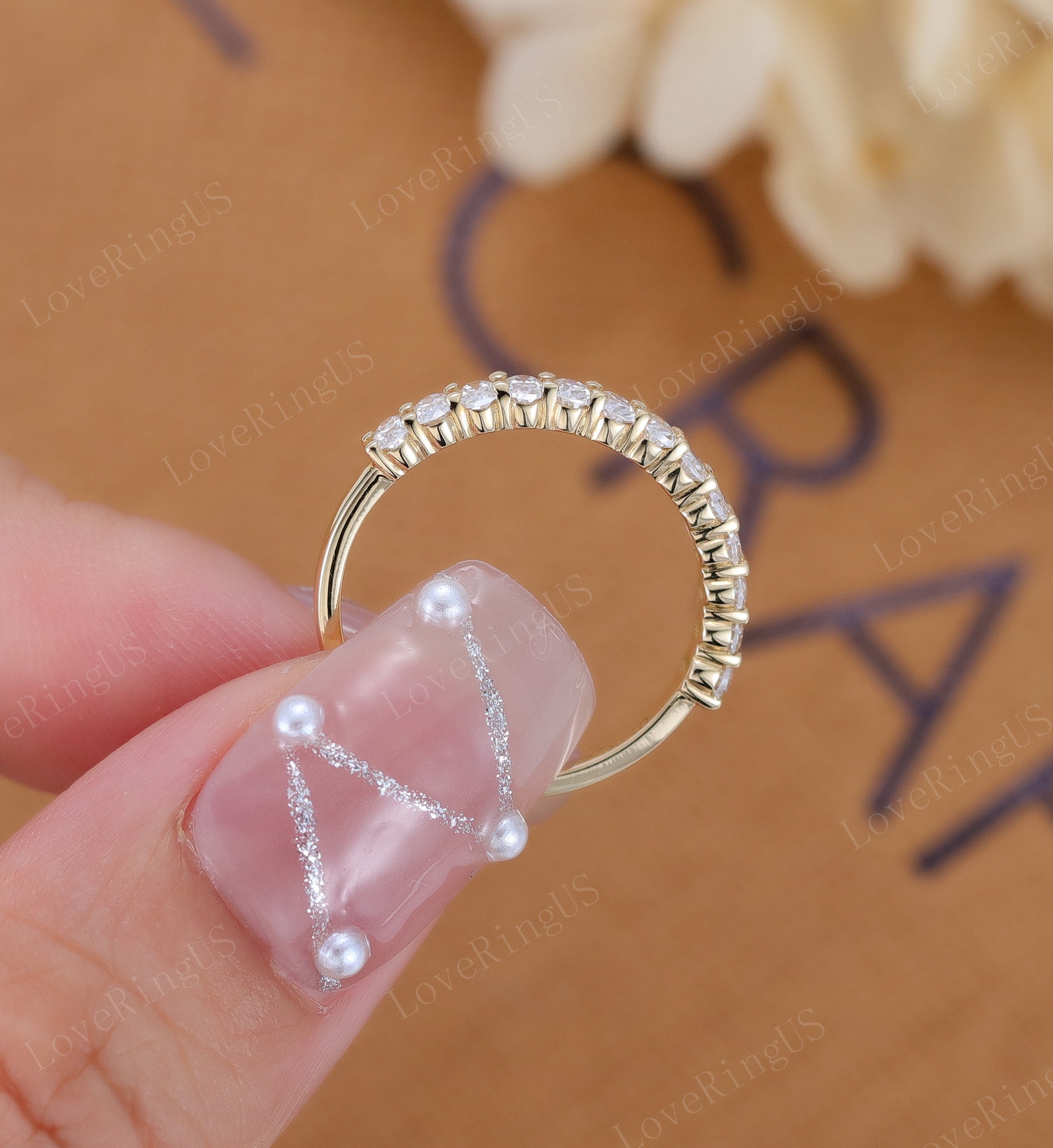 Oval Cut Moissanite Wedding Band Women Unique Half Eternity Yellow Gold ...