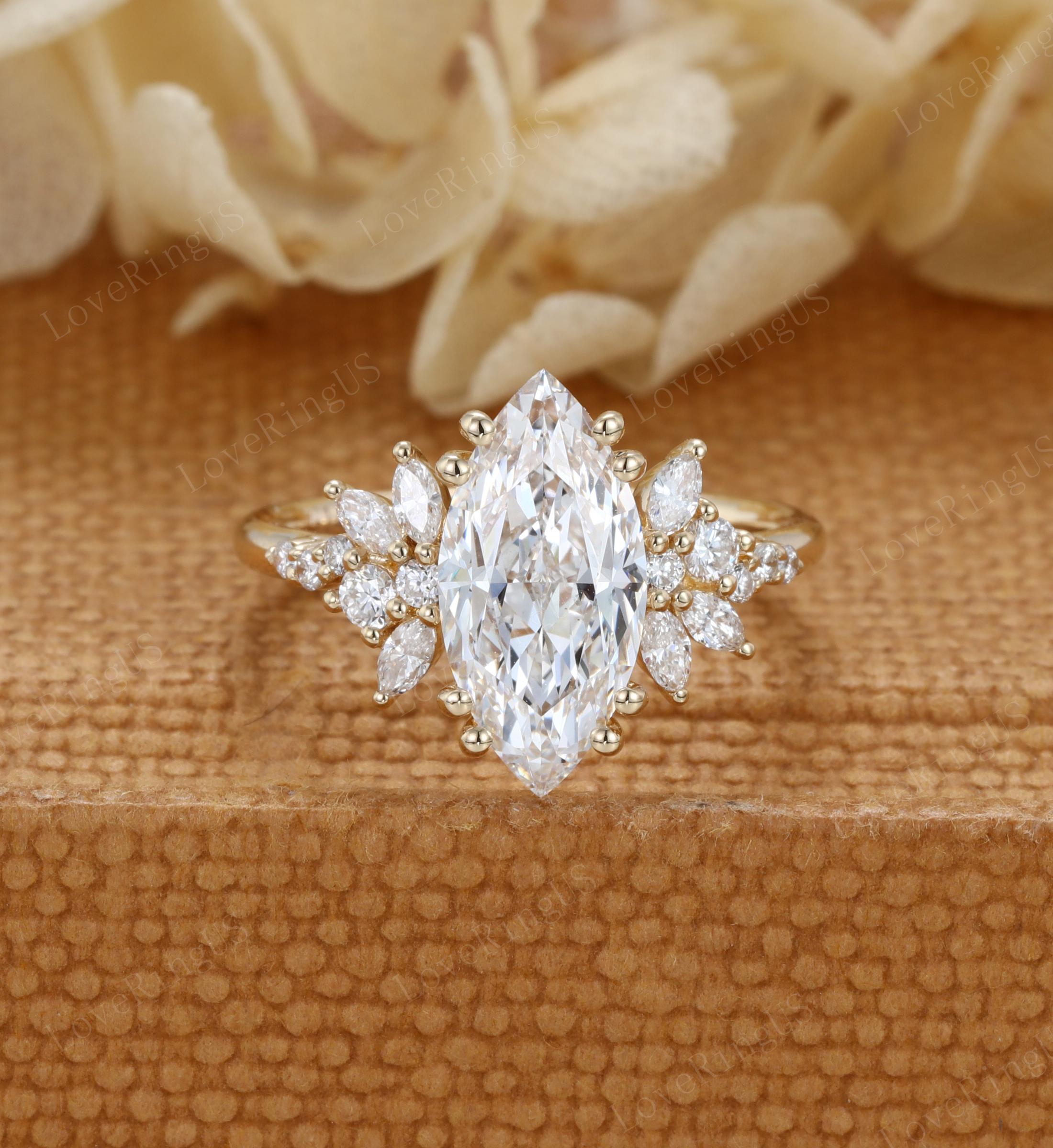 Marquise Lab created diamond engagement ring women Vintage Yellow gold engagement ring art deco Cluster ring Bridal Promise Anniversary ring