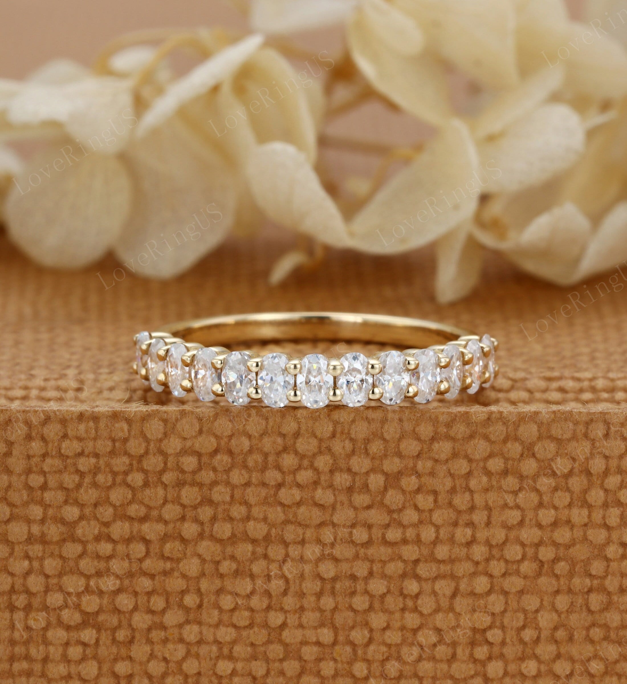 Oval Cut Moissanite Wedding Band Women Unique Half Eternity Yellow Gold ...
