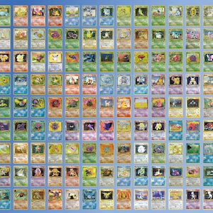 May include: A collection of vintage Pokémon trading cards arranged on a blue background. The cards feature various colorful illustrations of Pokémon characters, with text and symbols. The cards are in various conditions, with some showing signs of wear.
