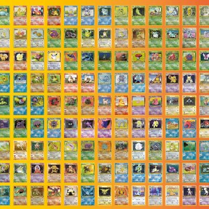 May include: A collection of Pokémon trading cards arranged in a grid pattern against a gradient yellow to orange background. Each card features a unique Pokémon illustration, with varying colors and designs. The cards are in good condition.
