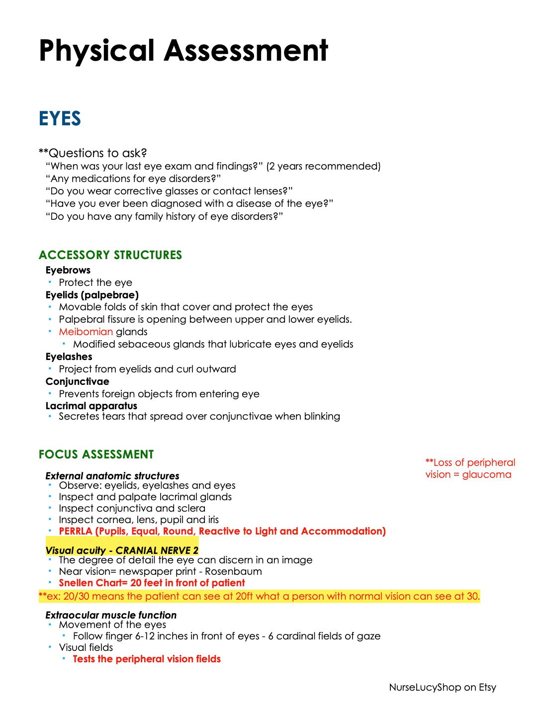 Eyes Ears Nose and Throat Physical Assessment Study Guide Etsy