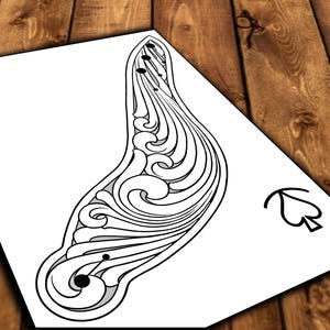 May include: A black and white line drawing of a stylized floral design, resembling a boomerang shape. The design is intricate and detailed, with a series of overlapping curves and swirls. A single black spade symbol is in the lower right corner of the image.