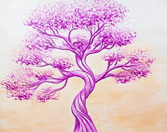 Original Canvas Painting, Purple Tree with Orange and White Background