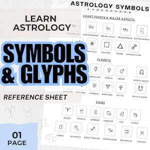 May include: Printable astrology reference sheet featuring symbols and glyphs. Includes chart points, major aspects, planets, and zodiac signs. The sheet is labeled "Learn Astrology" and "Symbols & Glyphs."