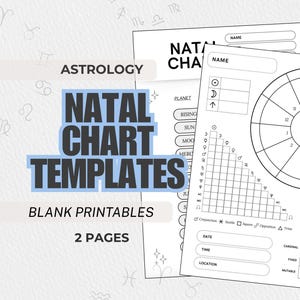 May include: Two white pages of astrology natal chart templates with black text and lines. The sheets feature a circular zodiac wheel, a grid for planetary aspects, and blank fields for name, date, time, and location. The text reads NATAL CHART.