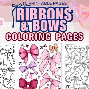 May include: A digital collection of 10 printable colouring pages titled Ribbons & Bows. The pages feature various black and white line art illustrations of bows alongside a central page displaying coloured examples of pink and purple bows.
