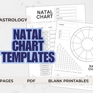 Peut inclure: Plusieurs modèles de thèmes astraux blancs avec des dessins au trait noirs. Les mots "NATAL CHART TEMPLATES" sont dans un encadré bleu. Le mot "ASTROLOGY" est en haut. Les mots "2 PAGES" et "PDF" sont en bas.