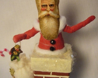 Vintage Inspired Spun Cotton Santa Going Down Chimney Ornament A