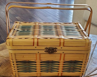 Vintage Bamboo Woven Picnic Basket With Handles Japan
