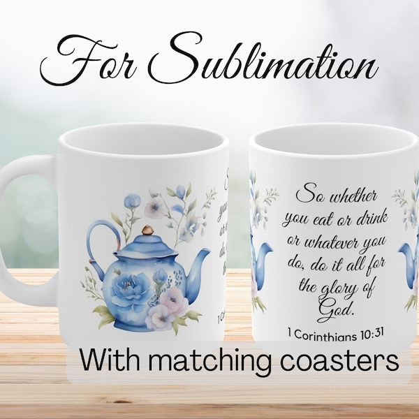Jesus Mug Sublimation Design, Jesus Mug Wrap, Coffee Mug PNG, Sublimation Mug Full Wrap, with Coasters, Christian Design with Blue Teapot