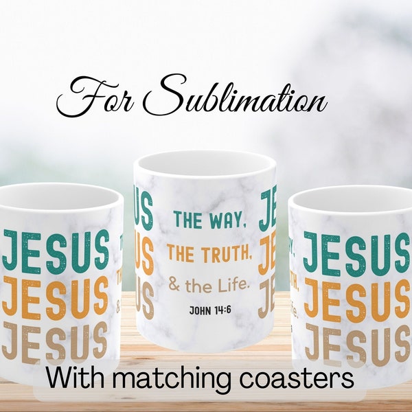 Bible Mug Sublimation Design, Retro Jesus mug, John 14:6, Bible Coffee Mug, Sublimation Mug Full Wrap Template, Matching Coasters PNG