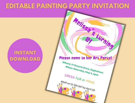 open lace back dress Art Birthday Party Invitation Editable Template, Dress for a Mess Pain –  Puff Paper Co main image 1