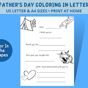 Carta para colorear para el Día del Padre, Carta de agradecimiento del Día del Padre, Descarga instantánea, Regalo para papá, Papá al aire libre, Imprimir en casa