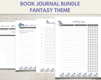 May include: A printable book journal bundle with a fantasy theme. The pages include a book review section, a book wish list, a monthly reading log, and a reading log with a space to track books read.