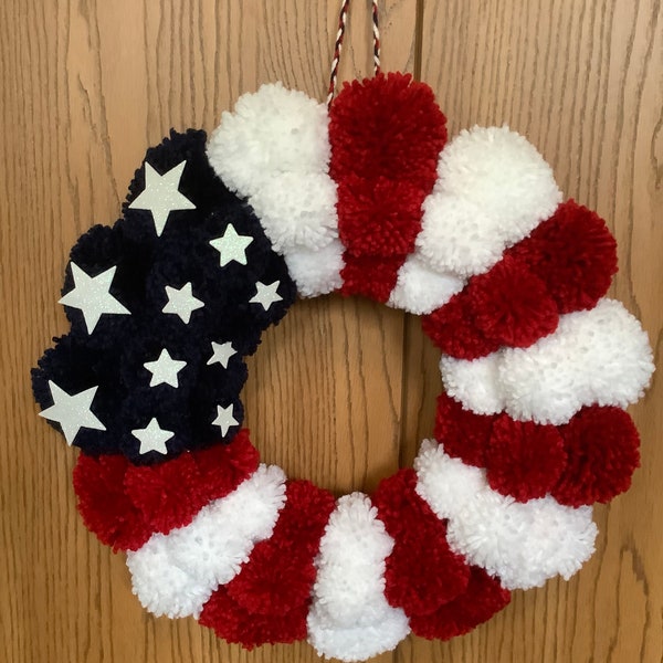 Flag Wreath,Patriotic Wreath,Pom Wreath,Flag Pom Wreath,Everyday Wreath, Veteran’s Day Wreath, Red White and Blue Wreath, Yarn Wreath, Flag