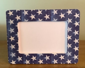 PATRIOTIC Blue And White Star Decoupage 4”x6” PICTURE FRAME