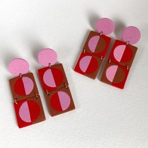 Half-moon drop earrings in red, mauve, and brown / Lightweight polymer clay statement earrings