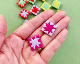 Quilt square magnet in multiple colors / Handmade, polymer clay refrigerator magnet in funky color combos