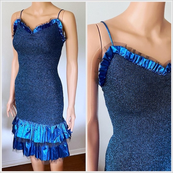 Vintage 80s Blue Metallic Prom Dress Lurex Lam Mermaid Bodycon Disco Ribbed Knit Ruffle Sweetheart Neckline by New Leaf // Size Xs