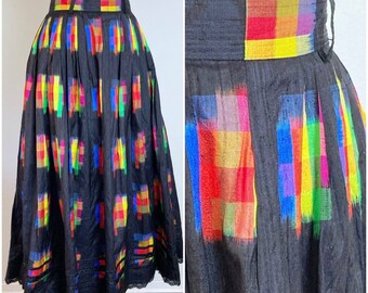 Vintage Womens Silk Colorful Rainbow Plaid Black Full Maxi Skirt // Size Medium
