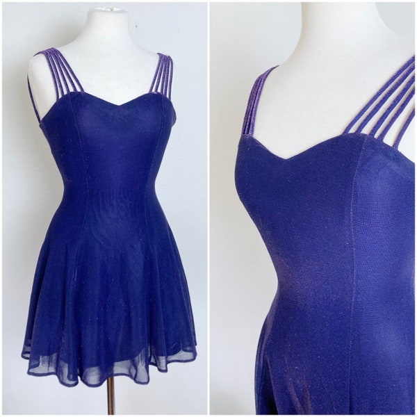 Vintage 90s Purple All That Jazz Iridescent Mini Dress Ballet Dance Skater Shiny Sparkly Fit Flare Sweetheart // Size XXS